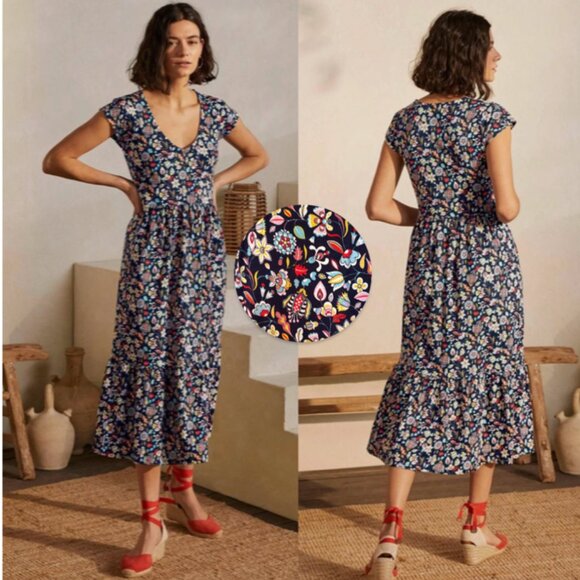 Boden Voop Cotton Tiered Midi Dress Navy Kaleidoscopic Floral Flower size 14L - Picture 1 of 12